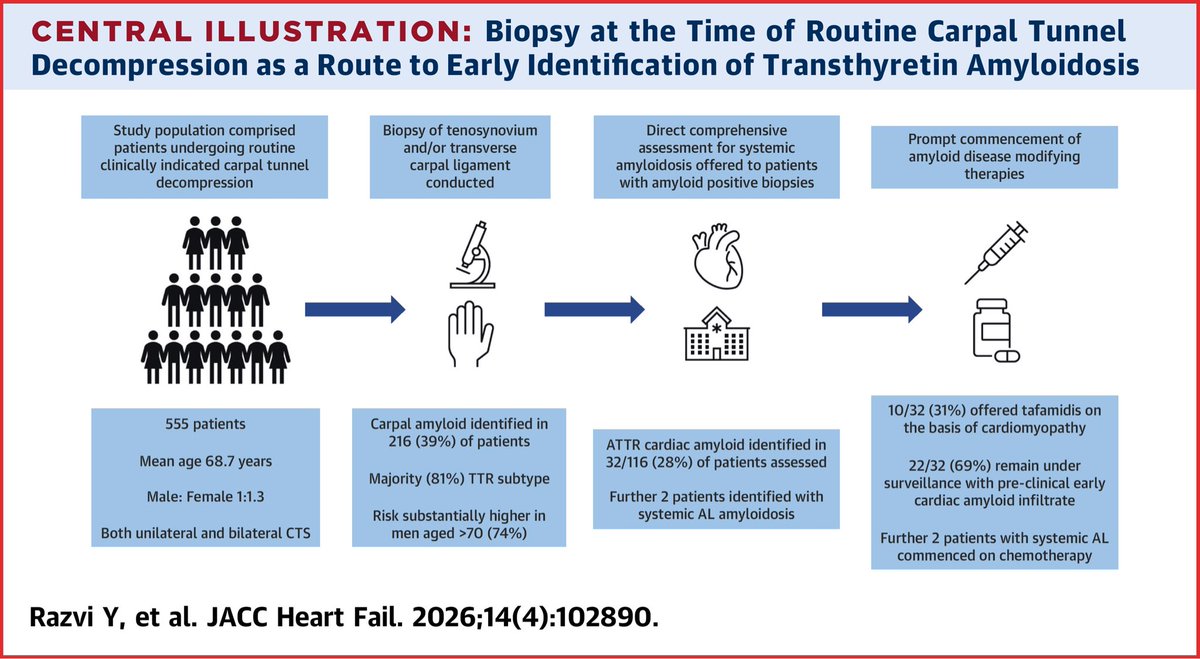drbennisahmed's tweet image. Early Diagnosis of ATTR-CM Using Carpal Tunnel Biopsy Examination: EDUCATE: A United Kingdom Prospective Multicenter Study

Transthyretin amyloid (ATTR) is commonly present in the tenosynovium and transverse carpal ligaments of older people with carpal tunnel syndrome, and more