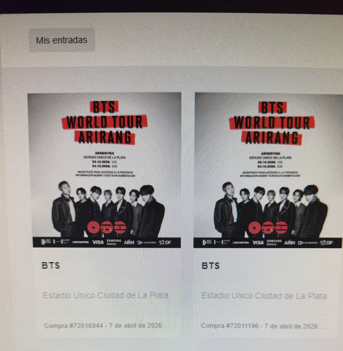 Conseguí entradas para BTS pero me confundí de fecha y no voy a poder ir 🥲
Las vendo para dejarle el lugar a alguna fan de la Army, líquido 5 palos c/u ✨