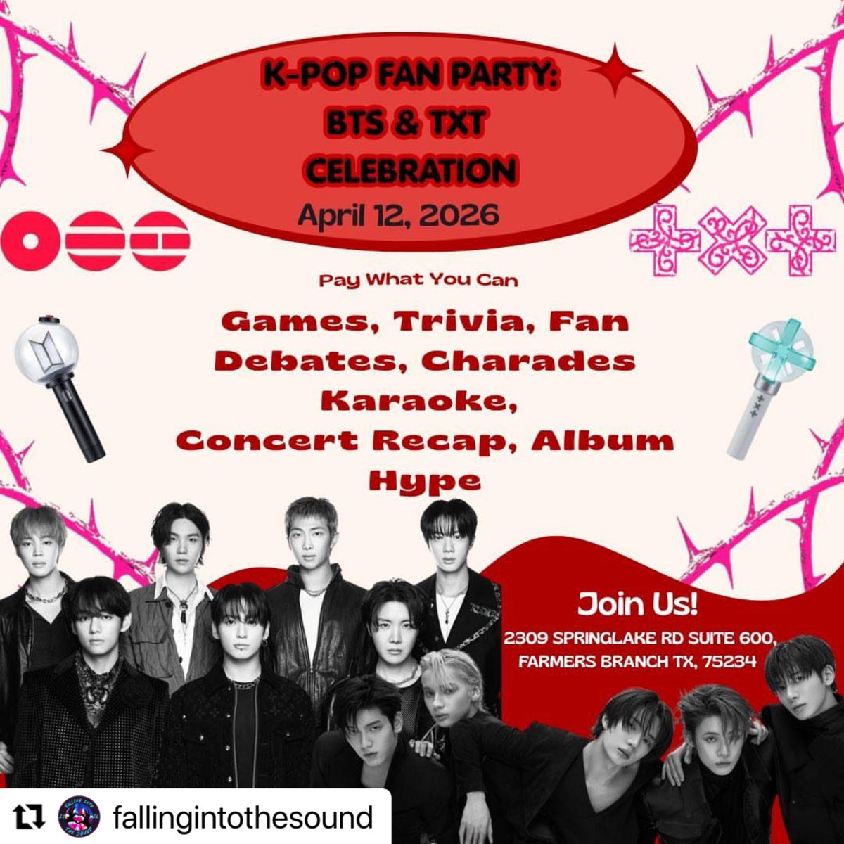 Repost @/fallingintothesound 
・・・
 BTS/TXT Party

🗓️ Sunday, April 12�⏰ 4–6 PM (stay after &amp; socialize!)�💸 Pay what you can, your donation will help keep events like this going! 

 •  join our discord for updates &amp; day-of info
 •  18+ only