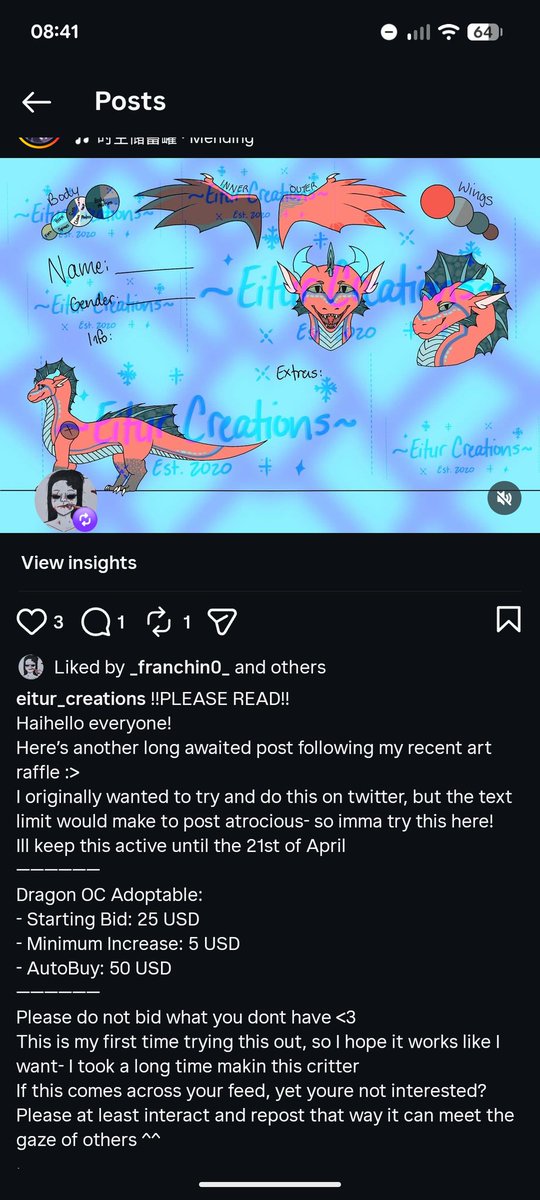 EiturCreations's tweet photo. Hello, hello ^^
I decided to post the adoptable I've been wantin to do on Instagram due to the text limit here on twitter
If you're interested, go visit my insta profile in the image below :>
#adoptable #furry #dragon #artㅤㅤㅤㅤ #smallartist #highlight https://t.co/CySg1Me1yI