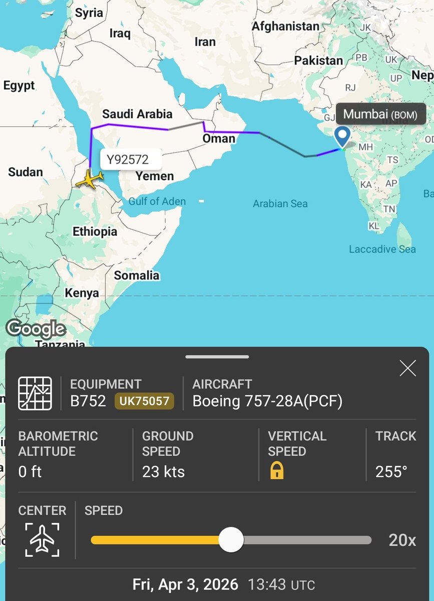 AfriMEOSINT's tweet image. An Uzbekistan-registered 🇺🇿 SkyGuard Boeing 757-28A freighter (w\ reg. UK75057, callsign Y92572) operated a flight on April 3 from Mumbai, India 🇮🇳 to Asmara, Eritrea 🇪🇷, before later returning to Sharjah, UAE 🇦🇪.