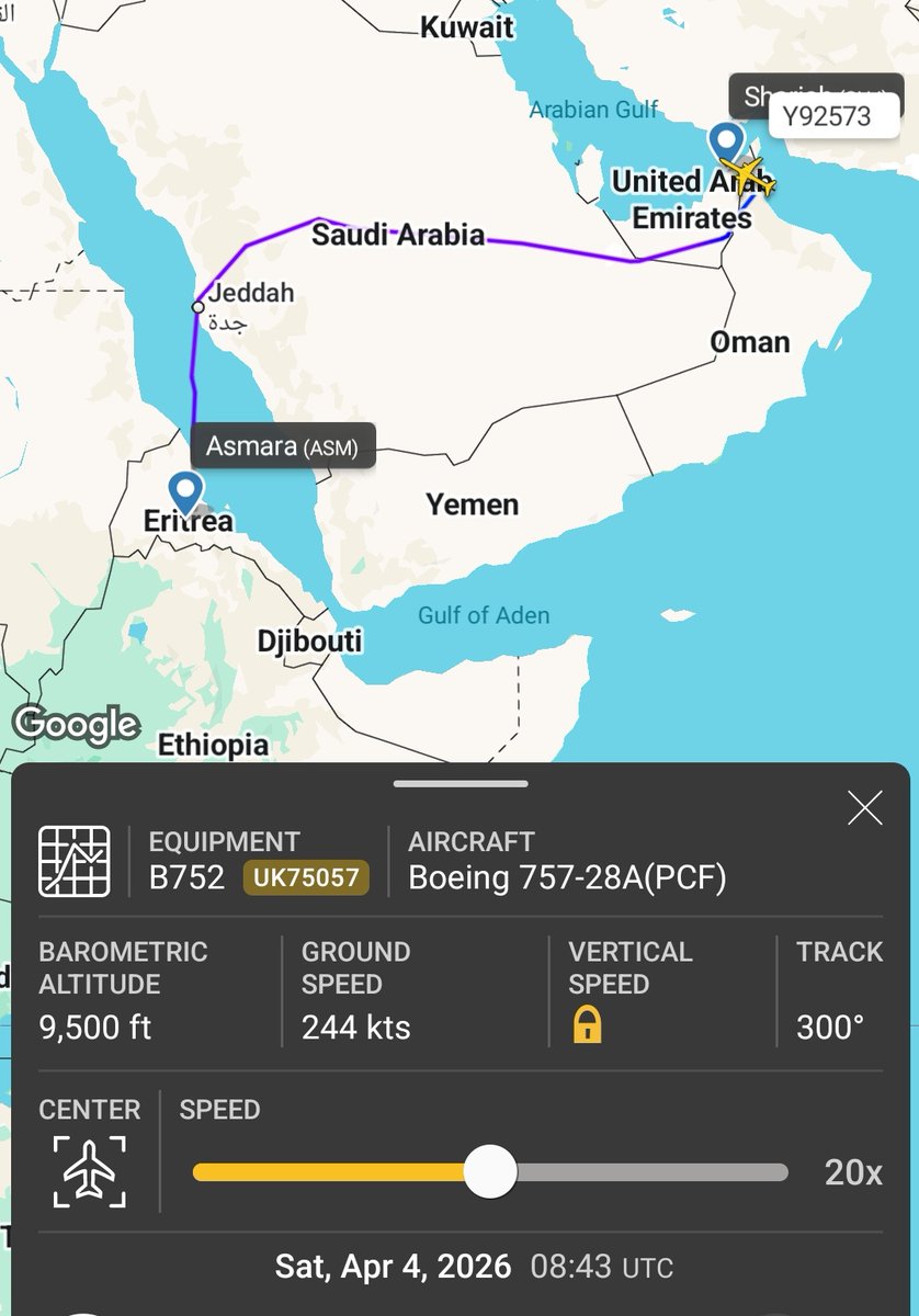 AfriMEOSINT's tweet image. An Uzbekistan-registered 🇺🇿 SkyGuard Boeing 757-28A freighter (w\ reg. UK75057, callsign Y92572) operated a flight on April 3 from Mumbai, India 🇮🇳 to Asmara, Eritrea 🇪🇷, before later returning to Sharjah, UAE 🇦🇪.