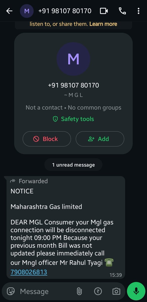 MiliSony's tweet photo. @mahanagargas Scammers are using your name to threaten customers with immediate disconnection via private numbers. I have a screenshot of the attempt. Please alert your customers, especially senior citizens, about these fraudulent 10-digit numbers. #MahanagarGas #ScamAlert https://t.co/yudqsX0N5R