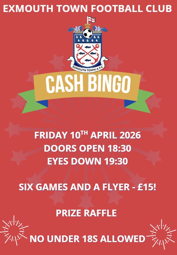 ExmouthTown_FC's tweet photo. 𝗕𝗜𝗡𝗚𝗢 𝗔𝗧 #𝗘𝗧𝗙𝗖 💰

Our popular cash bingo returns this Friday! 

With six games and a flyer for £15 it’s a fantastic way to spend your Friday 🤝

We’ve been delighted with the success so far, and we hope you can join us again this week 💙🤍

#UTT | @Search4Local https://t.co/IWLP11tZ9L