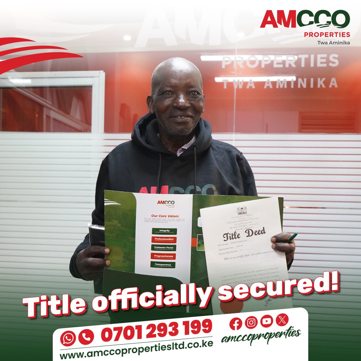 AmccoProperties's tweet image. Building a legacy, one title deed at a time.
Another happy client, another secured future. 

Ready to own yours?
Call 0701 293 199 | Visit amccopropertiesltd.co.ke
 
#amccoproperties #plotsforsale #realestatekenya #happyclient