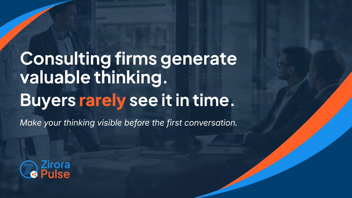 ZiroraTech's tweet photo. Your consulting firm already produces the thinking that wins deals.

Buyers just don’t see it early enough.
Most decisions are made on perceived expertise before the first conversation.

Zirora Pulse turns your proposals, workshops, and client insights into visible 

#ConsultingThoughtLeadership