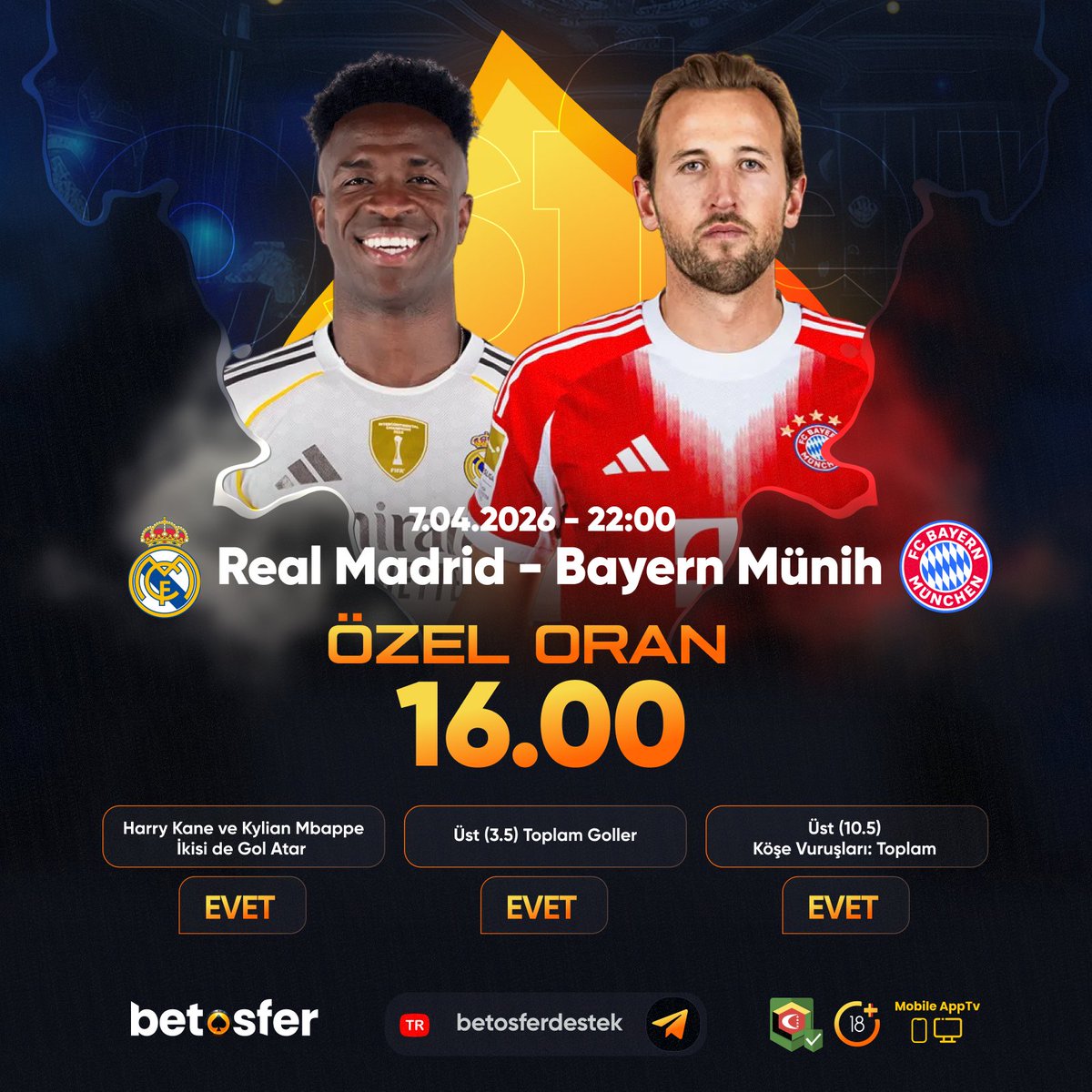 OsferResmi's tweet photo. 💰ÖZEL ORAN HAZIR !

Real Madrid - Bayern Münih - Tam  oran1️⃣6️⃣! 

💰Harry Kane ve Kylian Mbappe  Gol Atar
💰Toplam Goller 3.5 Üst 
💰Köşe Vuruşları Toplam 10.5 Üst 

Hemen bahis yap! 👏 https://t.co/hWACKejHME