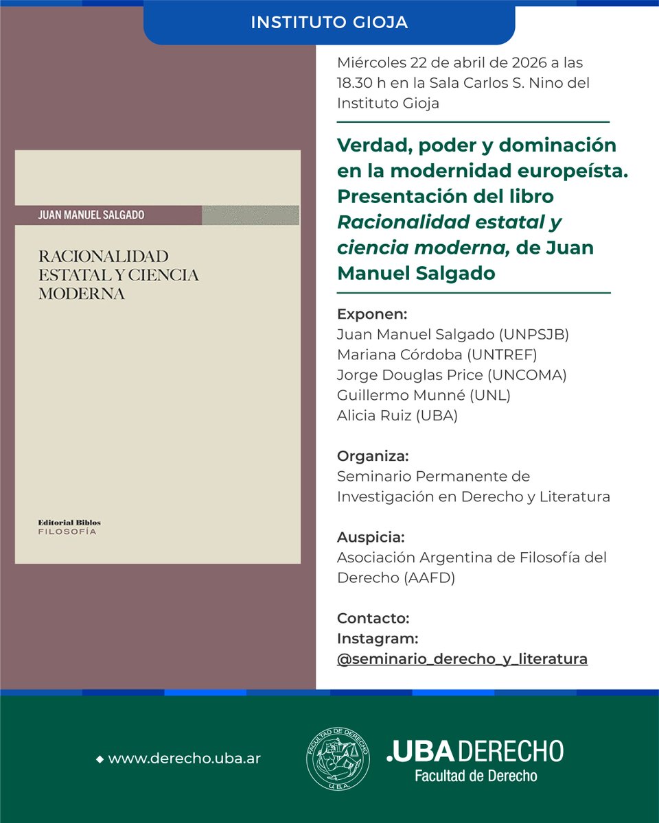 DerechoUBA's tweet image. 📅 El próximo 22 de abril a las 18.30 h tendrá lugar la actividad "Verdad, poder y dominación en la modernidad europeísta".

@InstitutoGioja 

➕ Más información: bit.ly/4diPBMc

#Verdad #Poder #Dominación #ModernidadEuropeísta