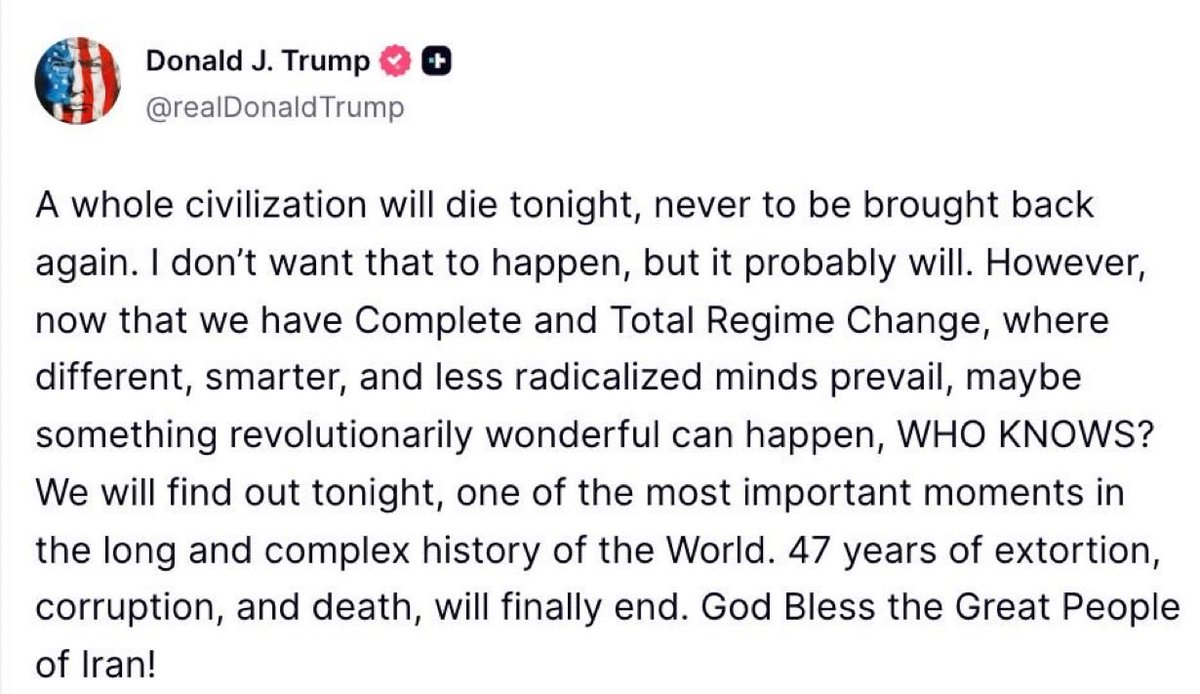 StiriVox's tweet photo. BREAKING: Trump issues stark warning on Iran

🇺🇸🇮🇷 BREAKING: Donald Trump warns “a whole civilization will die tonight” if Iran fails to make a deal.

He calls this “one of the most important moments in world history” and hints at regime change.

⚠️ The statement comes as a deadline for a deal expires.

📚 Source: Reuters
📊 Credibility: 80/100