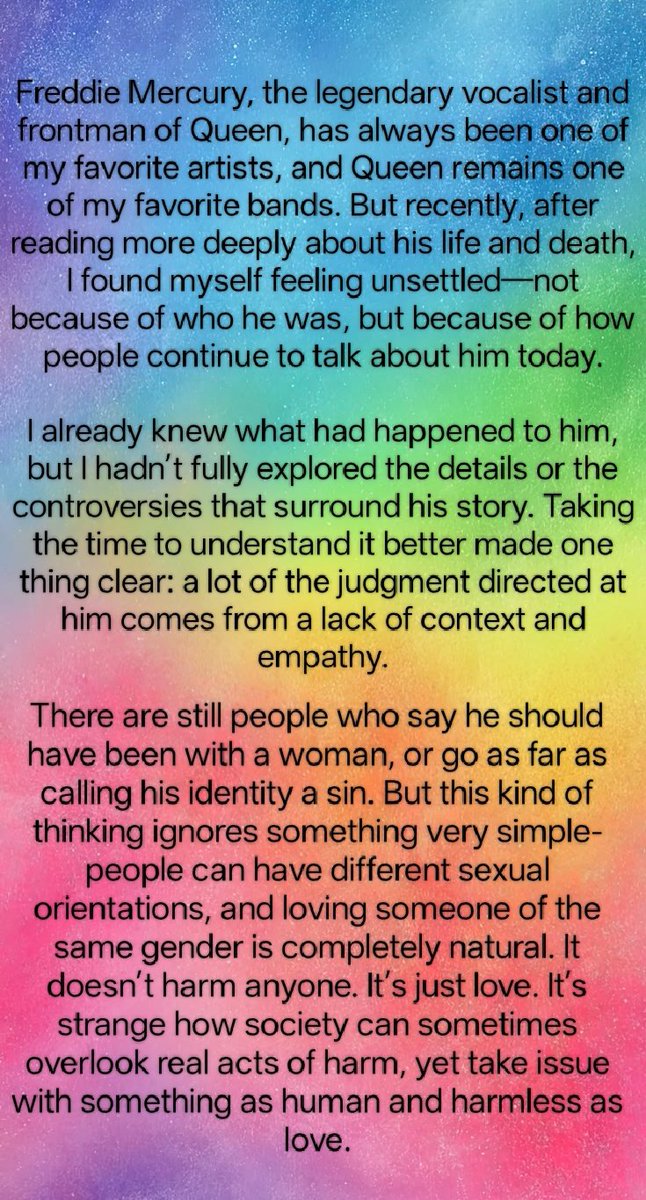 jaspp27117's tweet photo. Not Everything is Black and White.
I Don’t usually post stuff like this, but I wanted to say this.
"Before you judge Freddie Mercury- Understand His Time"
#FreddieMercury #Queen #MusicLegacy #LoveIsLove #KnowTheContext https://t.co/lpqQl0KD2E