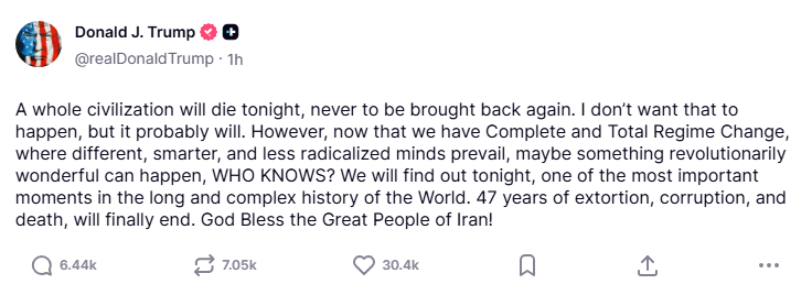 ct_sra's tweet photo. The President is threatening Genocide because the War he started isnt going his way. https://t.co/pj2wySVoUg