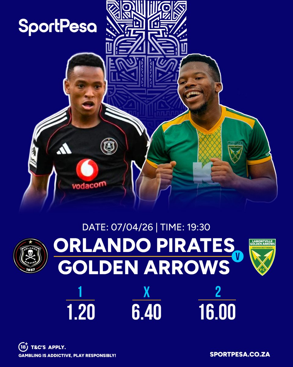 SportPesaSA's tweet image. Points up for grabs in the Premiership🔥
Make your prediction and Make It Count on sportpesa.co.za📲

Orlando Pirates 🆚 Lamontville Golden Arrows
🗓️: 07 April 2026
⏰: 19h30

#SportPesaSA #MakeItCount | #PSL
