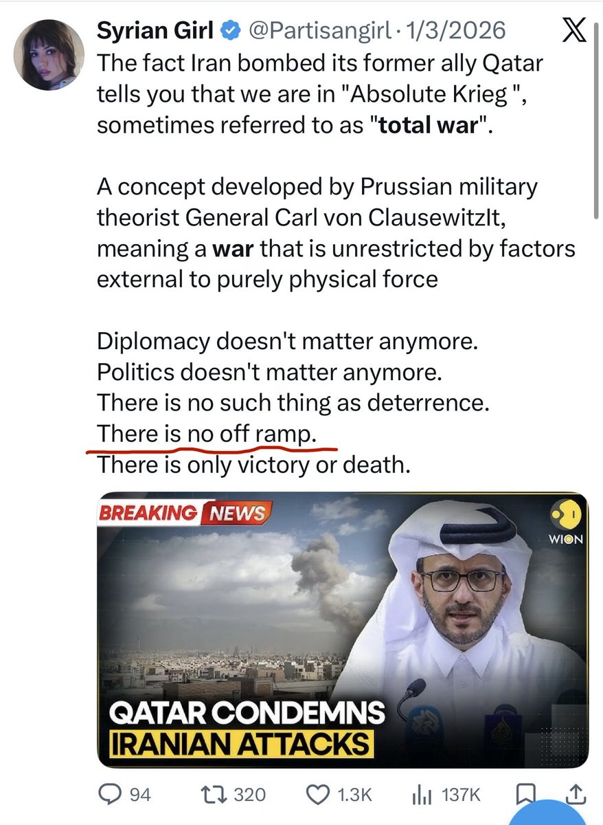 Partisangirl's tweet photo. There is no off ramp. I said this back in March 1st.

Buckle up for the long war. It was crystal clear then and it’s only gotten clearer. It amazes me that some people can’t seem to see. https://t.co/VjHdV7zUqX