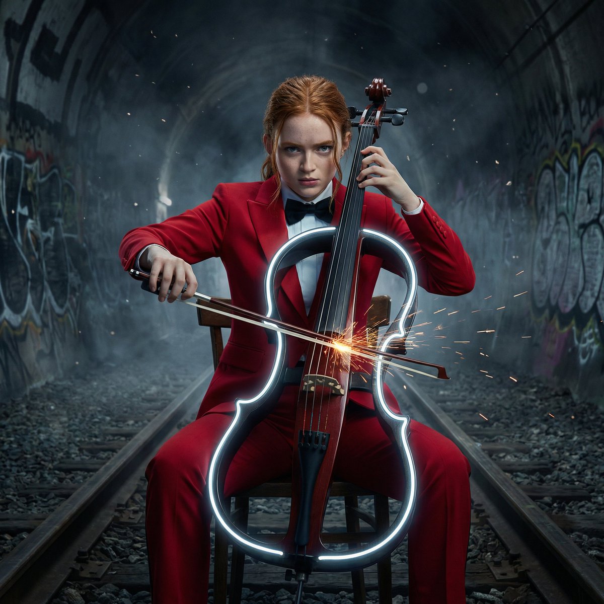 AIwithSynthia's tweet image. Image generated on @SocialSight using Nano Banana 

Prompt 👇 

A powerful woman in a striking red tuxedo suit with a black bow tie, sitting confidently on a wooden chair placed on abandoned railway tracks inside a dark, graffiti-covered tunnel. She plays a futuristic glowing