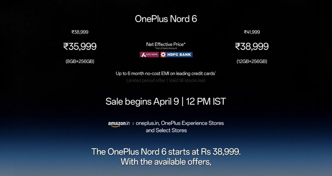 encoword's tweet image. OnePlus Nord 6 launched in India 👀
- Pricing 
▶️ 8/256 GB ~ Rs 38,999
▶️ 12/256 GB ~ Ra 41,999
- Rs 3000 bank offers on some cards.

Whats your thoughts ??
Comment 🤔
