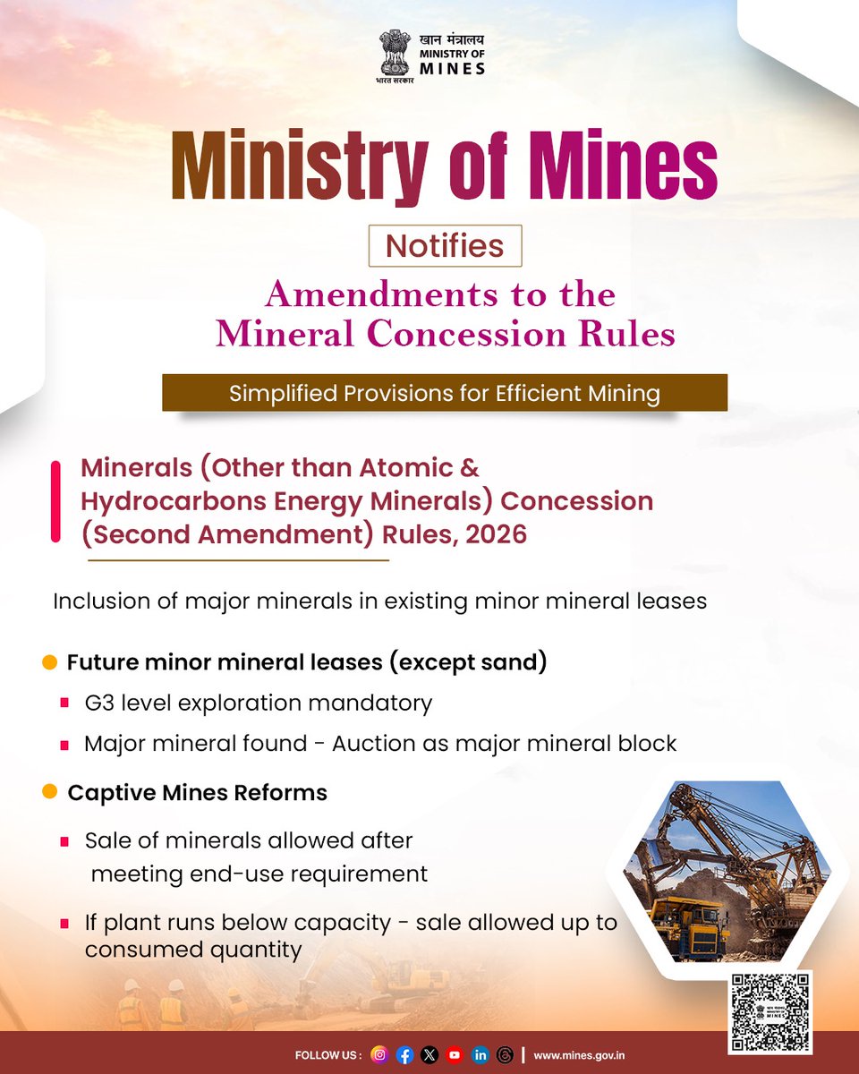 MinesMinIndia's tweet photo. Ministry of Mines Notifies Amendments to the Mineral Concession Rules, Paving Way for Inclusion of Contiguous Area and Associated Minerals in the Mining Lease

The Ministry of Mines has notified the Minerals (Other than Atomic and Hydro Carbons Energy Minerals) Concession (Second Amendment) Rules, 2026 on 30th March, 2026 providing detailed mechanism for inclusion of contiguous area in the mining lease and composite license of deep-seated minerals and inclusion of associated minerals in the mining leases of major as well as minor minerals.

Details: https://t.co/6jub5UxGxI