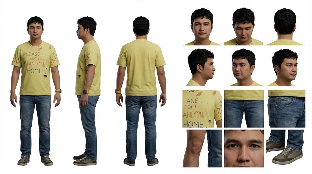 hanifproduktif's tweet photo. #1 CHARACTER SHEET

Ini yang jadi kunci utama. lo harus bikin character sheet biar nanti hasil image dan video lo konsisten.

Sekarang AI model udah pinter banget. Lo upload character sheet mereka langsung ngerti dan bisa bikin visual yang konsisten di semua scene.

Cara bikin-nya

1. Buka Gemini Nano Banana Pro
2. Upload karakter yang lo mau
3. Masukin prompt ini:

A high-definition, clean, minimalist character design board / character turnaround reference sheet, set against a pure white background. The overall presentation should resemble a professional game art character modeling sheet, fashion design reference page, character design sheet, or character turnaround board. The layout should be neat and well-organized, with clearly divided information sections, a realistic and premium visual quality, consistent lighting, and strict character consistency throughout.

On the left side of the composition, show the character’s full-body three-view turnaround, occupying the main visual area, including:
1. Front full-body standing pose
2. Left-side full-body standing pose
3. Back full-body standing pose

All three figures must be the exact same character, with identical facial features, hairstyle, clothing, body shape, and height proportions. The standing pose should feel natural, with both arms hanging naturally at the sides. This should be suitable as a character modeling reference. The camera angle should be eye level, with neutral studio lighting, no obstruction, no exaggerated perspective, and no complex background.

The right side of the composition should be divided into two sections:

In the upper-right section, place six headshot / head-angle reference images of the same character, arranged neatly to show different head perspectives, including:
- Front-facing portrait
- Slight downward angle showing the top of the head
- Back of the head / rear head view
- Left-side facial profile
- A near-side-angle comparison view (this line was slightly unclear in the source and may not be exact)
- 3/4 profile portrait

The head references should have clear facial features, visible hair parting, and consistent facial structure, making them suitable as head design references.

In the lower-right section, place six close-up detail images of the character, arranged into a clean grid, showing key design details, including:
- Close-up of the upper garment fabric texture
- Front close-up of the lower-body clothing
- Close-up of the hip / tailoring detail
- Close-up of the leg or skin texture detail
- Close-up of the eyes or facial feature details
- Full close-up of the shoes as a standalone item

All detail images must match the main character’s outfit and appearance exactly. Materials should look realistic, and the details should be clean and precise, suitable as clothing and accessory modeling references.

Overall style requirements:
Minimalist, professional, realistic, unified, clean, and premium, similar to a character design board, fashion design reference sheet, 3D character modeling reference page, or character turnaround presentation board. The character edges should be sharp, garment shapes should be clearly defined, hair strands should appear natural, skin should look refined, and material rendering should be accurate. The overall layout should have generous white space, as if it were made by a professional concept art team.

Character setup:
[Character appearance description]

Output requirements:
Landscape composition, white background, full character visible, no cropping, no extra props, no explanatory text, no logo, no watermark, no UI interface elements, no like/save buttons, and no social-media-screenshot appearance.
