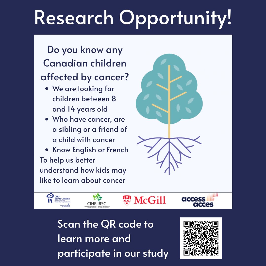 C17Council's tweet photo. A research team from McGill University is inviting Canadian children aged 8 to 14 who have been affected by childhood cancer to share how they would like to receive cancer information. 
Take the survey here
👉https://t.co/SSMsAF9twt https://t.co/qexRcvQWnP