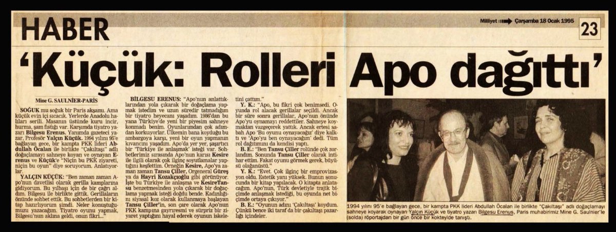 ON PARMAĞINDA ON MARİFET☺️

Çok ilginç bir kupür. Röportajı yapan bugünün Mine Kırıkkanat'ı... "Okuyamam" diyenler için özetliyorum: 

1995 Yılbaşı gecesi, Yalçın Küçük ve Bilgesu Erenus Öcalan'ın davetlisi olarak bir PKK kampına davet edilmişler. Bu buluşma sırasında, "Apo'nun