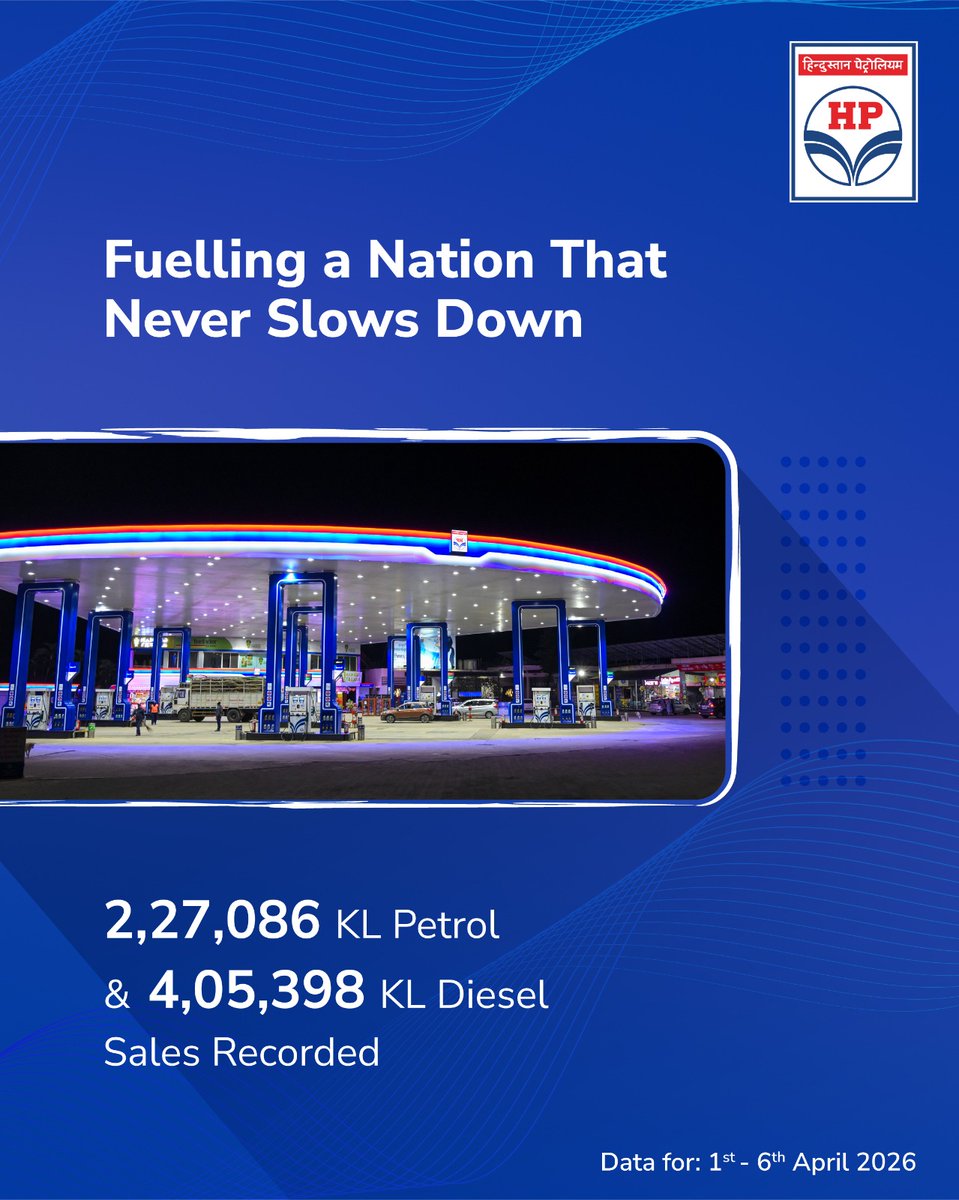 HPCL's tweet image. Hindustan Petroleum Corporation Limited (HPCL) continues to maintain uninterrupted fuel and LPG supply across the country, supported by a resilient and responsive supply chain, even as certain regions witness a temporary surge in demand.

During the period from 1st to 6th April