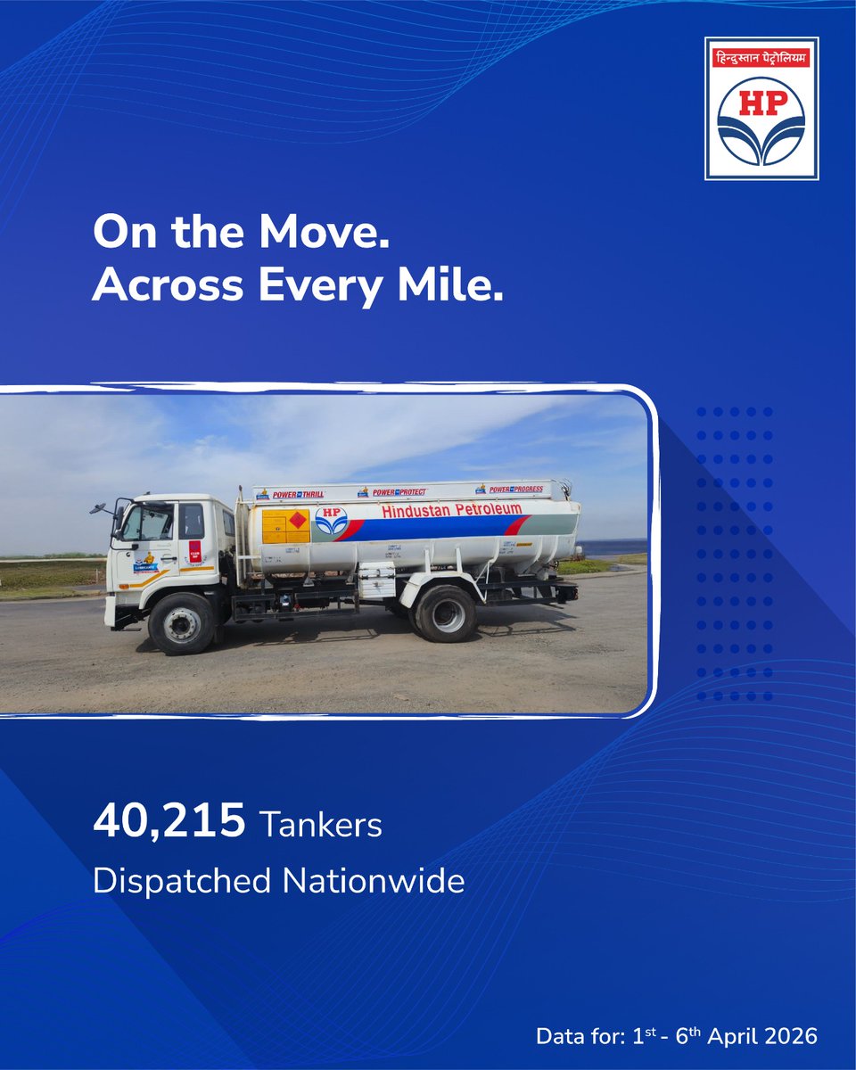 HPCL's tweet image. Hindustan Petroleum Corporation Limited (HPCL) continues to maintain uninterrupted fuel and LPG supply across the country, supported by a resilient and responsive supply chain, even as certain regions witness a temporary surge in demand.

During the period from 1st to 6th April