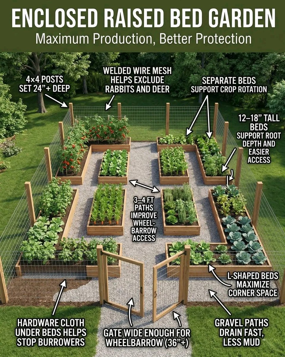 Agronommejean's tweet image. ENCLOSED RAISED BED GARDENS: MAXIMIZE YIELD AND PROTECT CROPS

Enclosing your raised beds transforms your garden into a high-yield, low-stress system. Deep beds give roots space to thrive, while strong mesh fencing keeps pests and wildlife out. Wide paths make planting, weeding,
