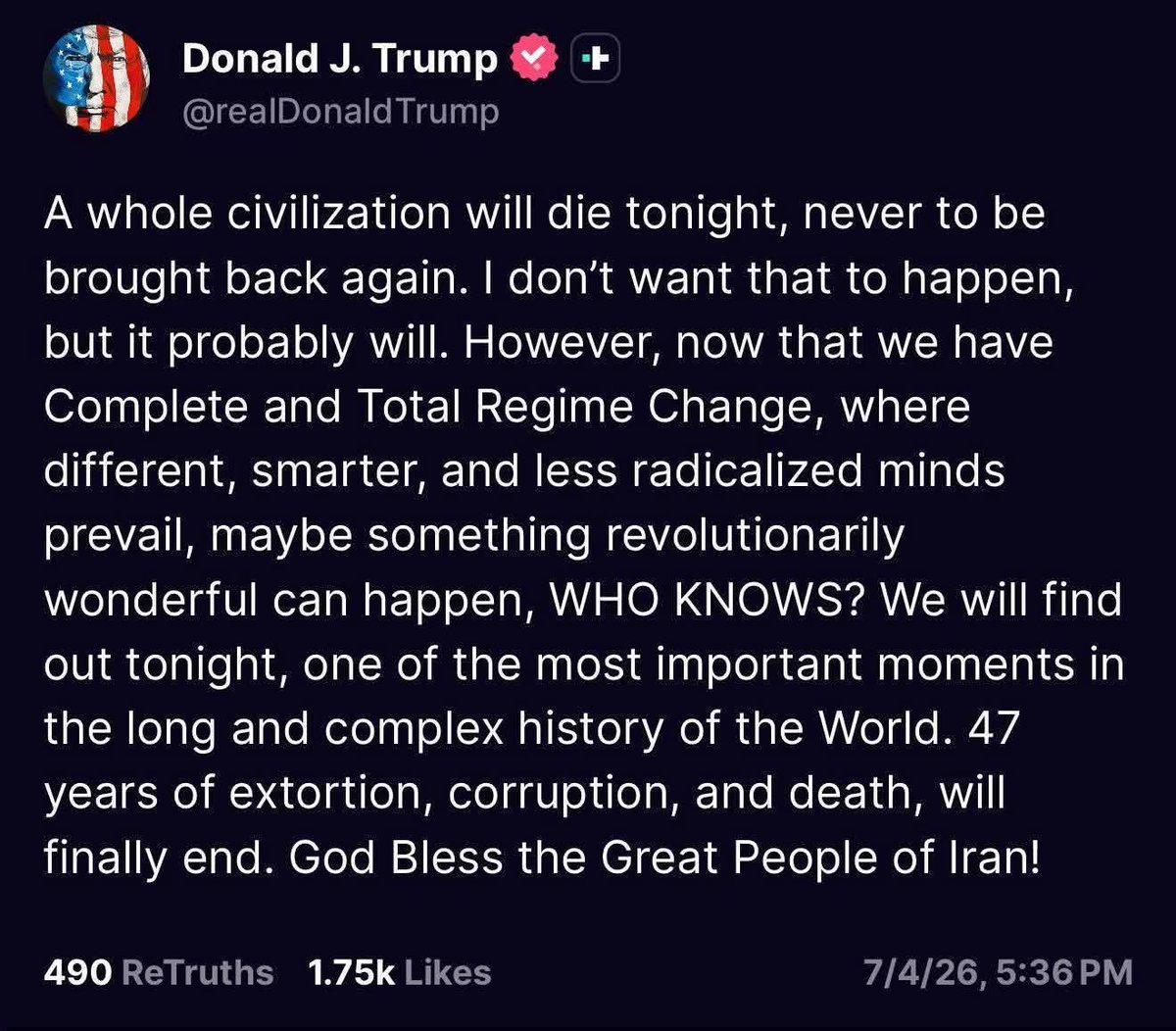 ट्रम्प ने ईरान को लेकर चेतावनी देते हुए कहा कि हालात ऐसे बन सकते हैं जहाँ एक पूरी सभ्यता का विनाश हो जाए और उसे दोबारा जीवित करना संभव न हो।

क्या ट्रम्प परमाणु हमले कर सकता है? ये मानवता का दुश्मन जापान में ऐसा कर चुके है l इन्हें नोबल पीस की नही बल्कि पागलखाने की ज़रूरत है l