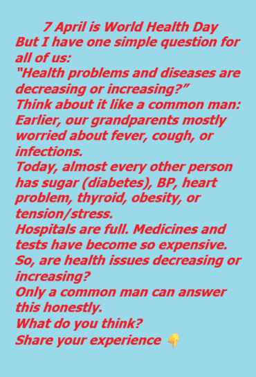 razmi009's tweet photo. 7 April is World Health Day
Only a common man can answer this honestly.
What do you think?
Share your experience 👇
#WorldHealthDay #TogetherForHealth https://t.co/4hTcCJW9vn