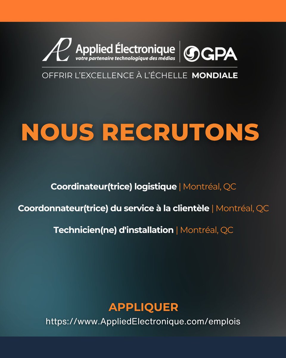 Vous êtes à la recherche d’une nouvelle opportunité professionnelle ? Notre équipe s’agrandit et nous avons plusieurs postes à pourvoir :
👉 hubs.li/Q049RDlw0

#Emploi #Montréal #Recrutement #Carrières #ServiceClient e #Technicien #NousRecrutons #AppliedÉlectronique