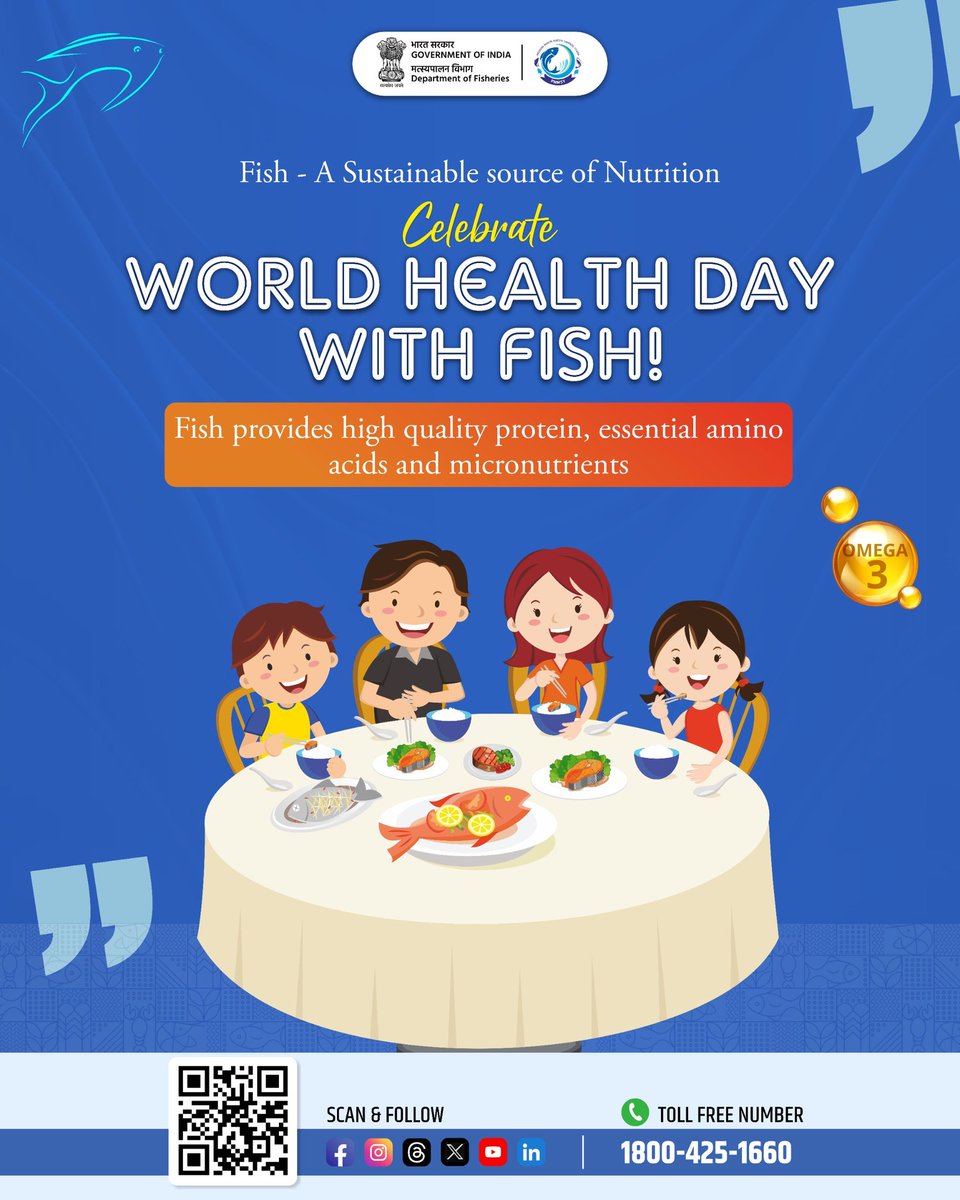 FisheriesGoI's tweet image. From ensuring nutritional security to supporting sustainable livelihoods, Fish consumption provides nutrition and protein. 

#WorldHealthDay2026 #FitWithFish #Protein