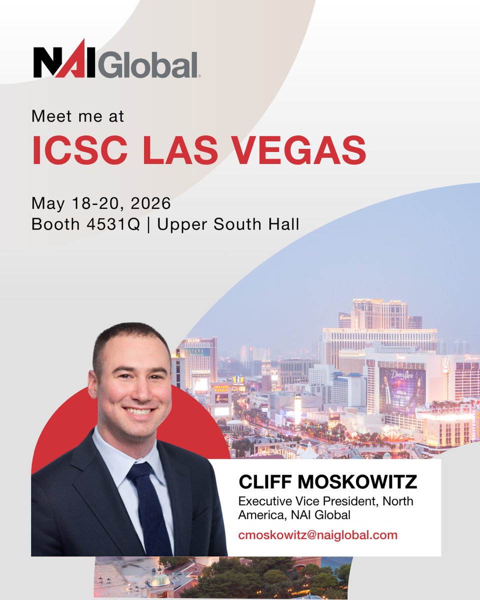 NAIGlobal's tweet image. Going to #ICSCLasVegas? Learn how you can leverage NAI Global's exclusive global network and operational resources to increase deal flow and scale your #CRE brokerage business, all on your own terms. 

Email Cliff Moskowitz at cmoskowitz@naiglobal.com to start the conversation.