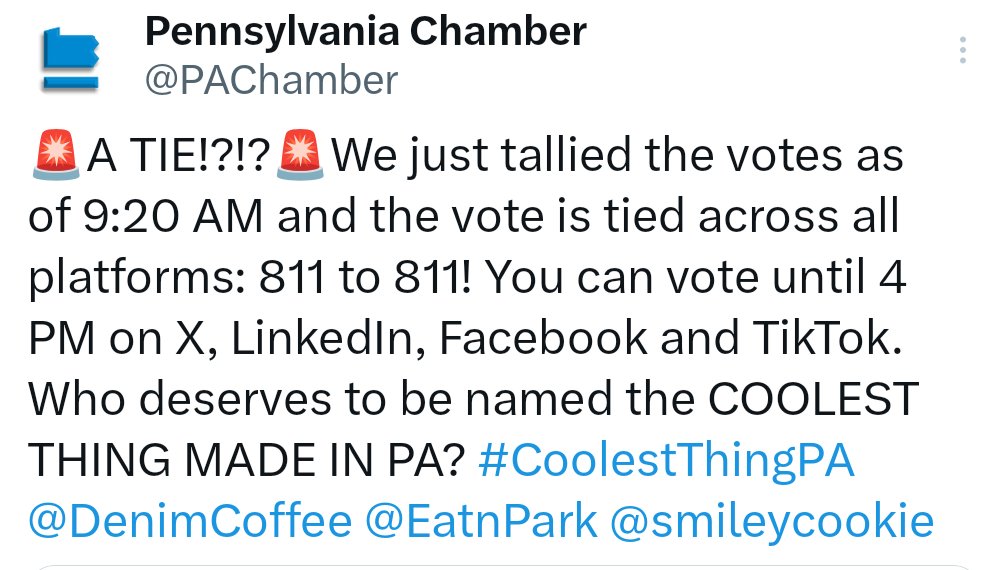 DenimCoffee's tweet photo. *UPDATE* We are currently tied...🤯 Voting ends today 4pm, vote now at this link: https://t.co/93Rjdgu9qU https://t.co/zXWOR9M0lj