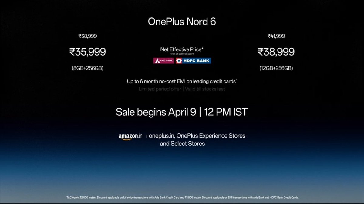 OnePlusClub's tweet image. OnePlus Nord 6 pricing 💰

• 8/256 GB: ₹38,999
• 12/256 GB: ₹41,999

💳 ₹3000 card offer
