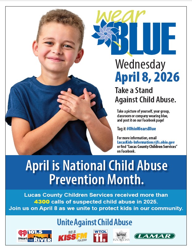 UToledoPD's tweet photo. Wear BLUE tomorrow - Wednesday April 8, 2026 - to take a stand against child abuse.  Take a picture of yourself wearing blue and post it to the Lucas County Children Services Facebook page.  Tag it  #ohiowearsblue2026 #OhioWearsBlue https://t.co/JIuGNC4MSE