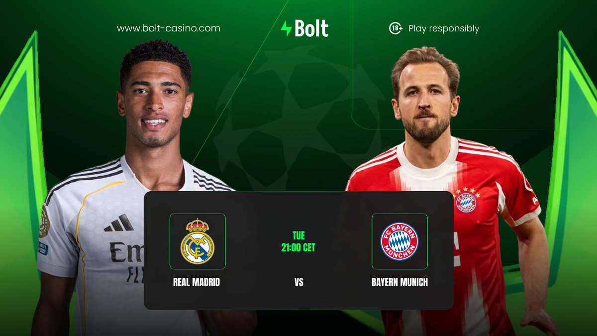 CasinoBolt's tweet photo. 🏆 Quarterfinals – 1st Leg

Real Madrid 🆚 Bayern Munich
21:00 CET

A clash of giants begins…
Who takes the advantage tonight? 👀 https://t.co/SHPAVqoYoD
