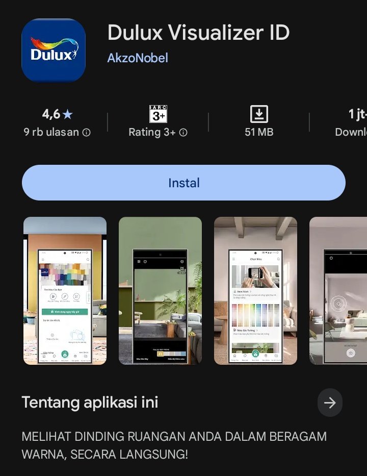 Cygta_12's tweet photo. @tanyarlfes Download aplikasi dulux nder. Ntar dia ada simulasi foto pake cat yg kamu pilih. Warnanha banyak banget sekalian udh tau kode catnya. https://t.co/6mxrmGNRmc