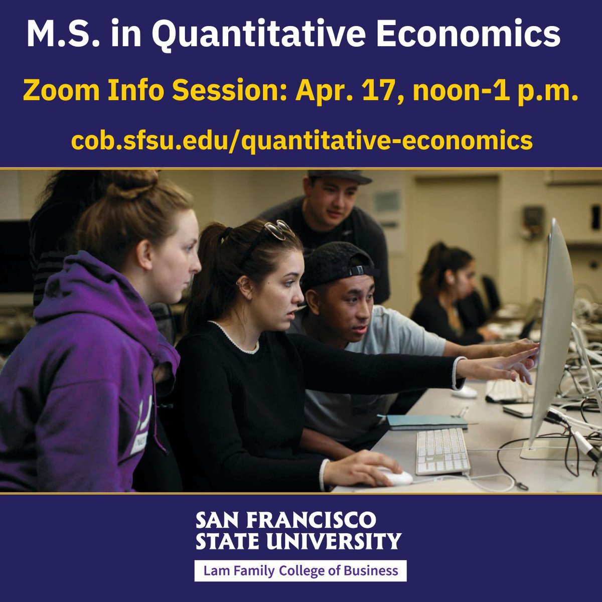 SFStateCoB's tweet photo. Learn how the M.S. in Quantitative Economics (MSQE) program at SFSU can help you build advanced quantitative analysis and economic modeling skills. Join our information session on Apr. 17 at noon to explore the program. Register now to learn more: https://t.co/GtoF494ett https://t.co/9EkPLsMTfm