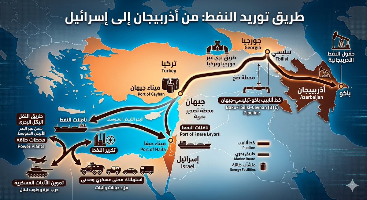 tamerqdh's tweet photo. تستورد إسرائيل ما بين 40% و60% من إجمالي احتياجاتها النفطية من أذربيجان؛ حيث يُنقل النفط عبر أنابيب إلى ميناء (جيهان) في تركيا، ومن ثم يُشحن بحراً إلى ميناء حيفا وإسدود.

وتقع خزانات النفط الأذربيجانية على مسافة قريبة جداً من الحدود الإيرانية، مما يجعل استهدافها باستخدام الطائرات المسيرة أمراً ممكناً لإلحاق ضرر جسيم بإسرائيل، ومع ذلك، تجنبت طهران ذلك منذ بداية الحرب.

فهل يعود هذا التجنب إلى الحساسية المتعلقة بالقومية الأذرية، أم إلى معاهدة الدفاع المشترك مع تركيا (إعلان شوشا)، أم لأهمية ممرات النقل البرية؟ وهل إذا قُصفت منشآت الطاقة الإيرانية في حرب وجودية، ستستمر إيران في التزامها تجاه جارتها الشمالية !؟ أم أنها ستهاجم بدلاً من ذلك المنشآت النفطية الخليجي ! كالعادة

إن حاجة إسرائيل للنفط حالياً أكبر من أي وقت مضى، ومن المحتمل أن نسبة الاستيراد من أذربيجان قد ارتفعت؛ إذ تعتمد عليها إسرائيل في تموين دباباتها وآلياتها العسكرية التي تستخدمها في عملياتها في جنوب لبنان وقطاع غزة وطائراتها التي تقصف إيران، ومع ذلك، لم تهاجم إيران هذا الشريان الحيوي حتى الآن.