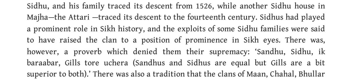 cha11387086's tweet image. The Sidhus held a position of prominence in Sikh eyes and played a prominent role in Sikh history. However, there is a proverb which denied them their supremacy:

“Sandhu, Sidhu, ik baraabar, Gill tore uchera.”

— Sandhus and Sidhus are equal but Gills are a bit superior to both.