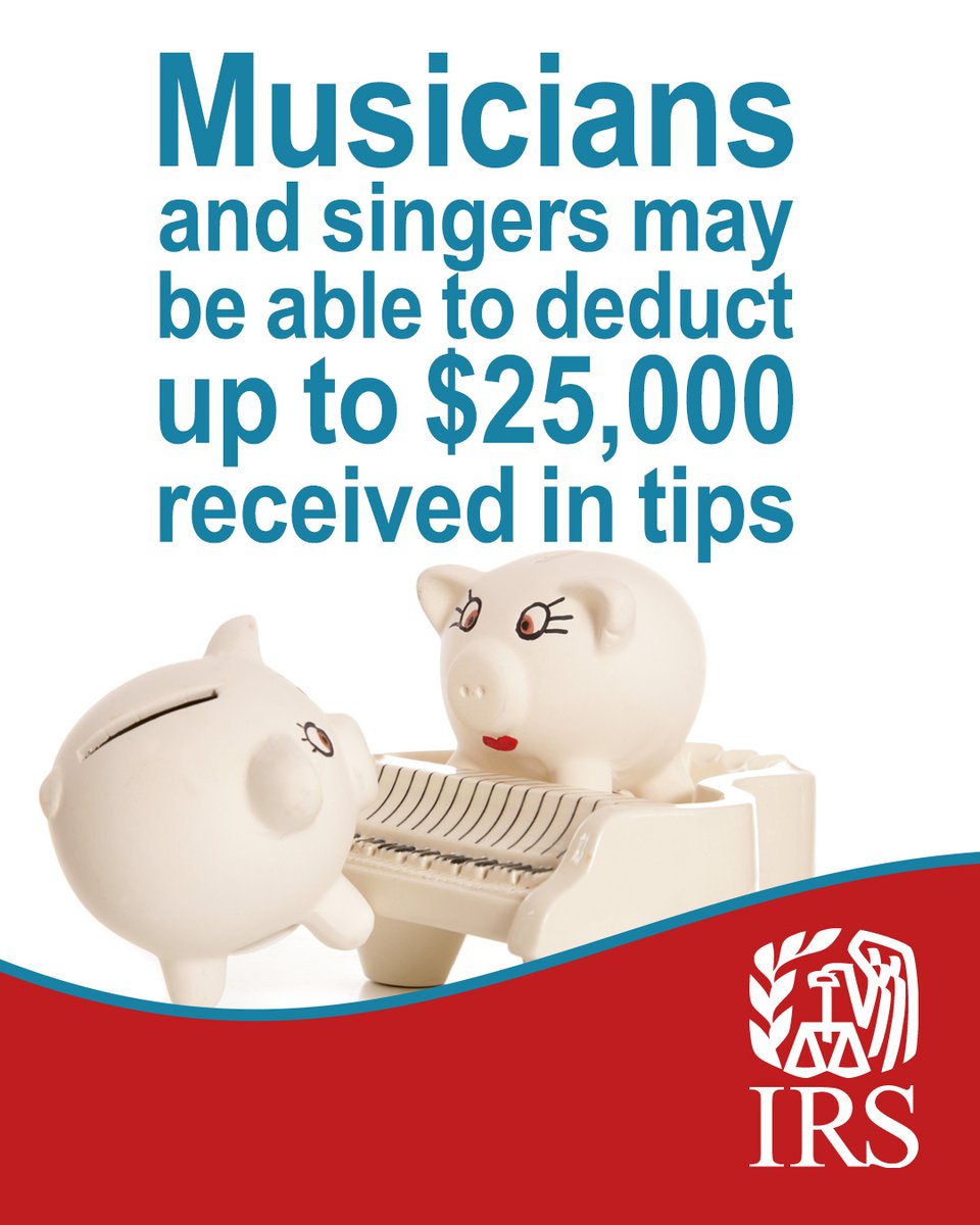 IRSsmallbiz's tweet image. No Tax On #TipTuesday: Are you a musician or singer earning tips at performances? #IRS resources can help you learn about tax deductions you may be eligible for under the One, Big, Beautiful Bill. Learn more: irs.gov/OBBB #Smallbiz