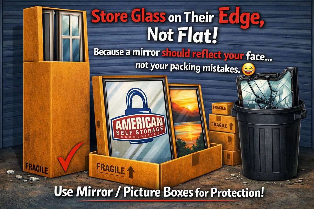 FairviewPlaceSS's tweet photo. 🪞Storage Pro Tip:
Store mirrors, windows, glass sheets, and screens on their edges, not flat.
Because a mirror should reflect your face… not your packing mistakes. 😅
Mirror/picture boxes help protect fragile items. 📦️
#StorageProTips #SmartStorage https://t.co/jxSFgP5tsX