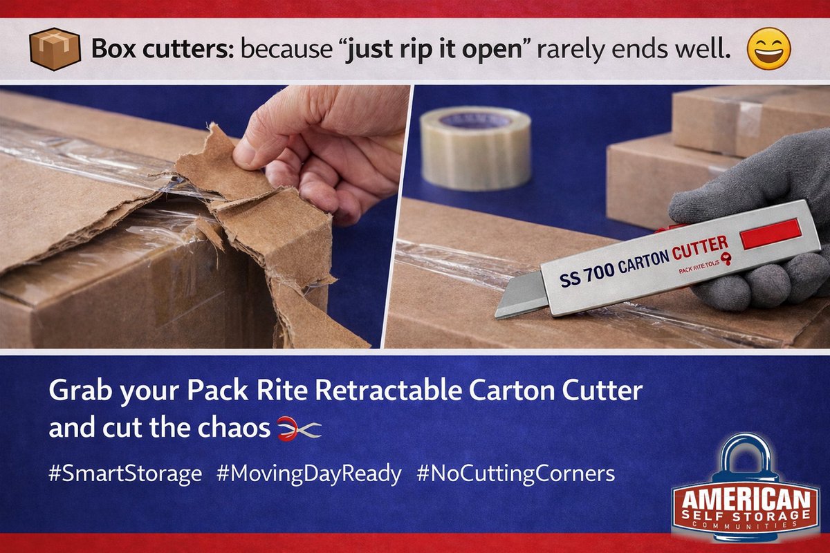 WanamakerSS's tweet photo. 📦️Box cutters: because “just rip it open” rarely ends well. 😁
The Pack Rite Handy Tools Retractable Carton Cutter keeps things clean, controlled, and efficient—just how moving should be. 😌
Grab yours today and cut the chaos ✂️
#SmartStorage #MovingDayReady #NoCuttingCorners https://t.co/AQQU2WI7Yr