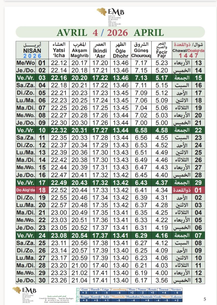 ExecMuslimsBE's tweet photo. Calendrier des prières pour le mois Avril 2026
Gebedstijden voor de maand April 2026 https://t.co/hD34dKMfbM