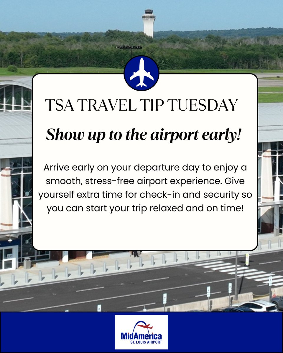 BLVairport's tweet image. Happy #TravelTipTuesday! ⏰ Arriving at the airport early gives you extra time to park, check your bags, pass through security and enjoy a smooth, stress-free start to your trip! ✈️ #FlyBLV #TravelSmart