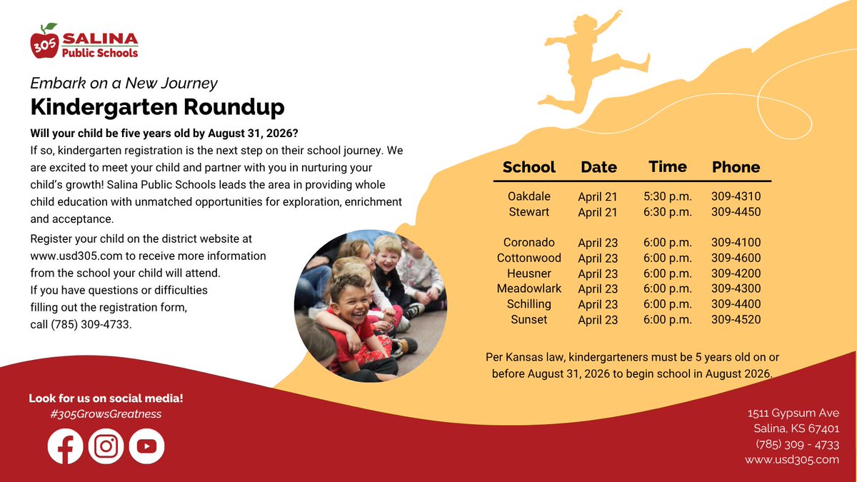 Will your child be 5 years old by August 31, 2026? If so, mark your calendars — kindergarten roundup is right around the corner and is the next step on their school journey! #305GrowsGreatness 

For registration and more information visit: usd305.com/parents/kinder…