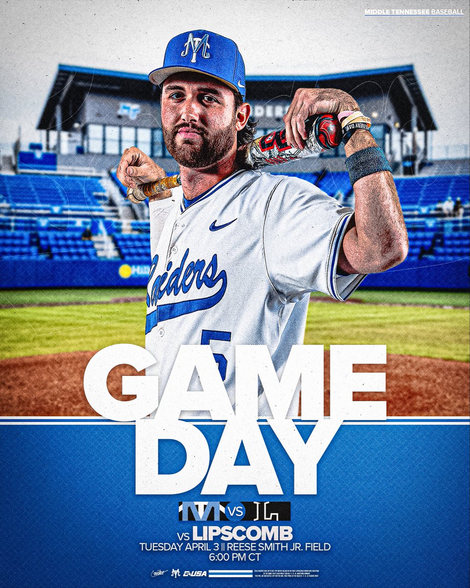MT_Baseball's tweet image. A battle with the Bison🔥

🆚 Lipscomb
📍 Murfreesboro, Tenn.
🏟️ Reese Smith Jr. Field
⏰ 6 p.m. CT
📊 goblueraiders.co/BSB-Stats-Lips…
📻 goblueraiders.co/BSB-Listen-Lip…
🎟️ goblueraiders.co/BSB-Tickets-Li…

#BLUEnited | #BlueCrew