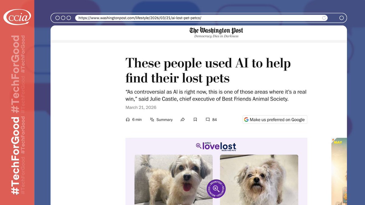 ccianet's tweet image. Families are using advanced #AI photo-matching technology to reunite with their missing pets. These tools are turning long-shot searches into successful reunions for thousands of pet owners. #TechForGood
buff.ly/6z0hBCH