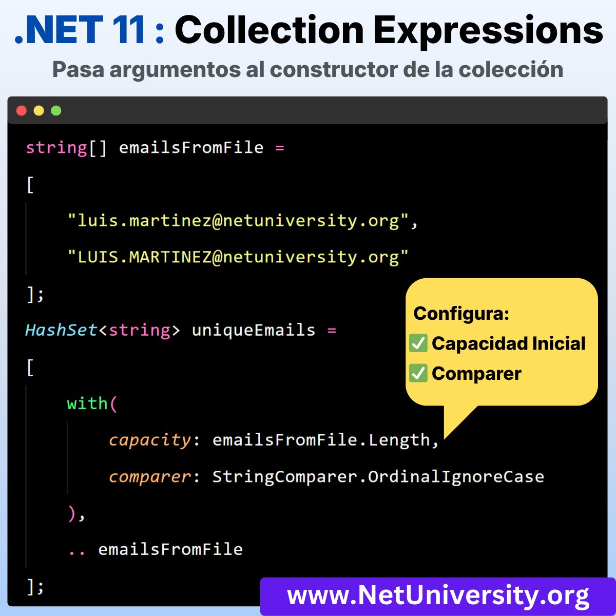 dotnetES's tweet image. En .NET 11 preview, las Collection Expressions ahora permiten pasar argumentos al constructor con with(...).

Una mejora imprescindible para todo developer que necesita procesar grandes volúmenes de datos con un código más claro y expresivo.

#dotnet #csharp