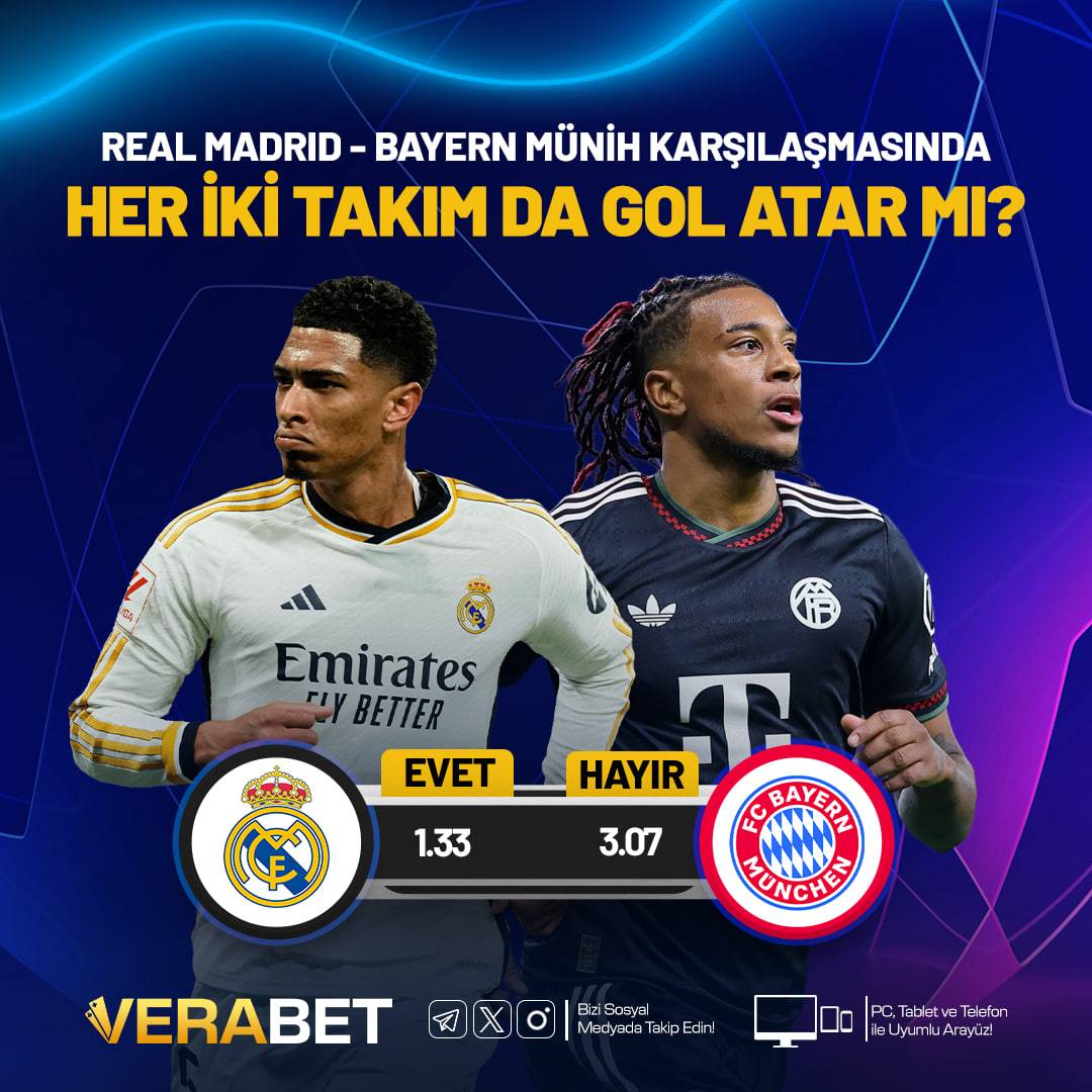 verabetcom's tweet photo. Her İki Takım da Gol Atar mı?

🇪🇸 Real Madrid - Bayern Münih 🇩🇪 maçında her iki takım da skora katkı sağlar mı dersin ❓

🟢 Evet 1️��.3️⃣3️⃣

🔴 Hayır 3️⃣.0️⃣7️⃣

Verabet ile oyuna heyecan kat! ⚡️

🔗 Verabet - https://t.co/C5Am7uxqOW

#Verabet #VerabetGiriş https://t.co/tmEnjSUrtf