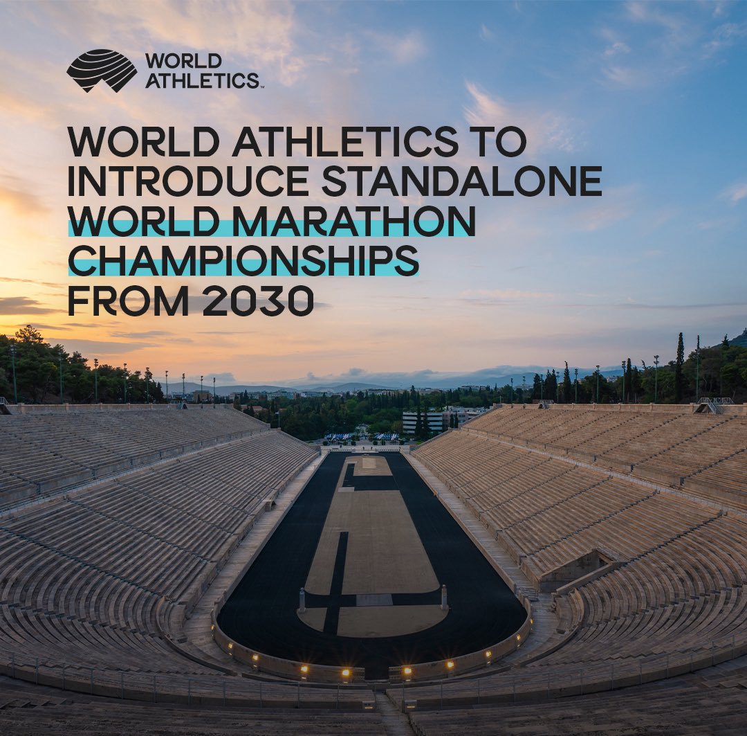 WorldAthletics's tweet photo. World Athletics has outlined a landmark strategic roadmap for the future of distance running with the creation of a World Athletics Marathon Championships from 2030.

The marathon stays in the World Championships for 2027 & 2029, but from 2031 onward, no road running races will be part of the World Championships.

👉 https://t.co/VRRi1DIpA9